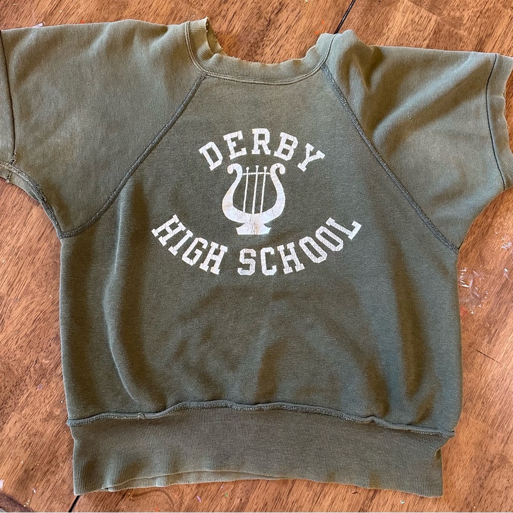 50s Raglan Sun-Faded Distressed Derby High School Green Sweatshirt